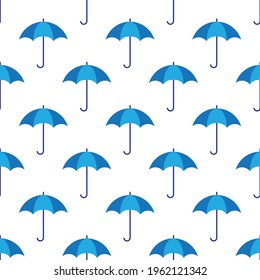Blue umbrellas on white background seamless pattern. Vector illustration.