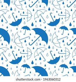 Blue umbrellas and raindrop on white background seamless pattern. Vector illustration.