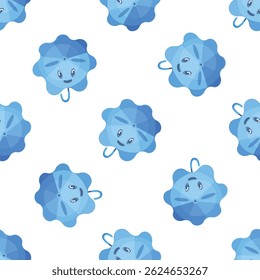 Blue umbrellas with smiling faces form a cheerful seamless pattern, ideal for rain themed designs