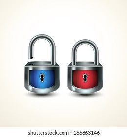  Blue unclosed and red closed locks. Protection concept.