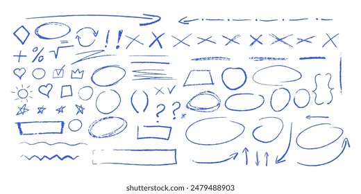 Blue underline pencil hand drawn various ellipses, punctuation marks, direction pointers, arrows, stars, question mark and exclamation point. Vector grunge blue strike through and underline elements