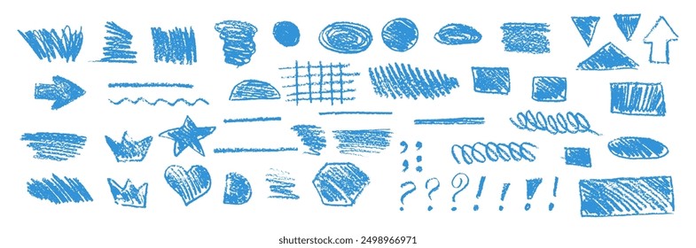 Blue underline pencil hand drawn various ellipses, punctuation marks, direction pointers, arrows, stars, question mark and exclamation point. Vector grunge strike through and underline elements