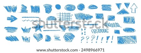 Blue underline pencil hand drawn various ellipses, punctuation marks, direction pointers, arrows, stars, question mark and exclamation point. Vector grunge strike through and underline elements