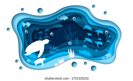 Blue Underwater Abstract Paper Cut Background Vector Sea Ocean Fish Seaweed Wave Nature Shadows Turtles