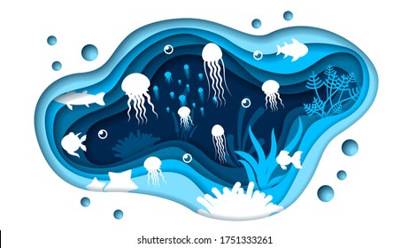 Blue Underwater Abstract Paper Cut Background Vector Sea Ocean Fish Seaweed Wave Nature Shadows Jellyfish