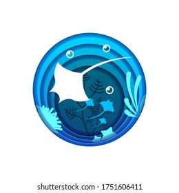 Blue Underwater Abstract Paper Cut Background Vector Sea Ocean Fish Seaweed Wave Nature Shadows