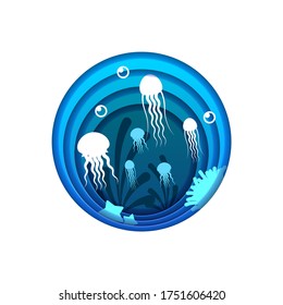 Blue Underwater Abstract Paper Cut Background Vector Sea Ocean Fish Seaweed Wave Nature Shadows