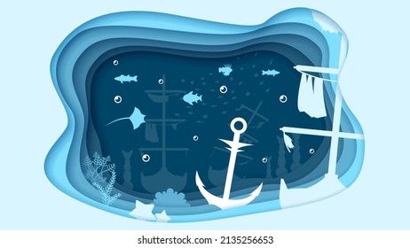 Blue Underwater Abstract Paper Cut Background Vector Sea Ocean Fish Seaweed Wave Nature Shadows Aanchor And Ships