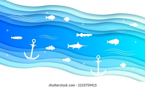 Blue Underwater Abstract Paper Cut Background Vector Sea Ocean Fishes Seaweed Wave Nature Shadows Aanchors