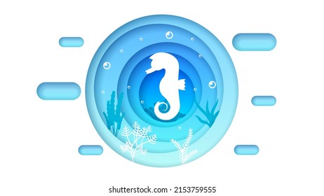 Blue Underwater Abstract Paper Cut Background Vector Sea Ocean Fish Seaweed Wave Nature Shadows Sea ​​Horse