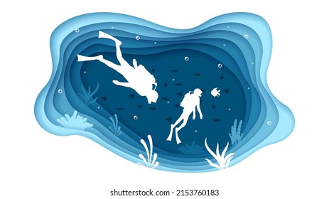 Blue Underwater Abstract Paper Cut Background Vector Sea Ocean Fishes Divers Seaweed Wave Nature Shadows