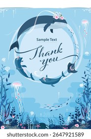 Blue underwater background with floral sea creatures  for greeting, thank you cards