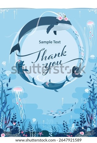 Blue underwater background with floral sea creatures  for greeting, thank you cards