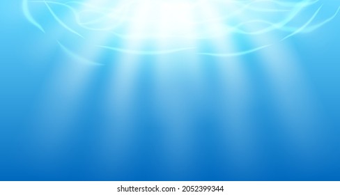 Blue underwater background and water ripple on the surface. Depth bottom view with sunray. Vector illustration