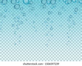 Blue underwater bubbles, bubbling air on a transparent background. Effervescent air bubbles of water in the sea, ocean, liquid in river ponds, aquariums. Vector illustration isolated.