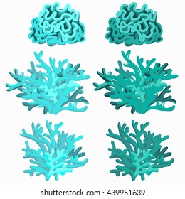 Blue underwater corals and polyps isolated on white background. Vector illustration.