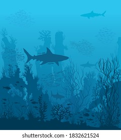 Blue underwater landscape with sharks and coral reefs