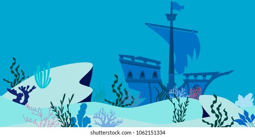 Blue underwater landscape with sunken ship. Flat design. Vector illustration