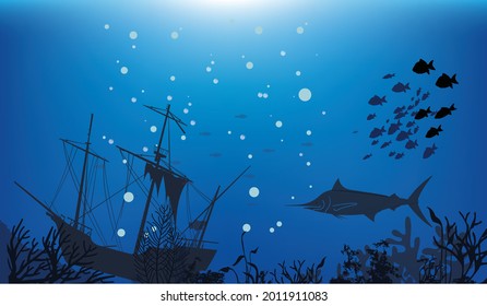 Blue underwater landscape and sunken ship  Flat design  Vector illustration
