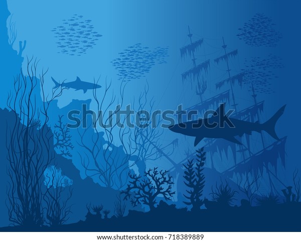 沈没船 サメ 雑草を見る青い水中風景 ベクター手描きのイラスト のベクター画像素材 ロイヤリティフリー 718