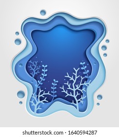 Blue underwater sea and coral paper cut style background vector illustrations.