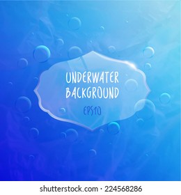 Blue Underwater Textured Background with Bubbles and Transparent Gloss Label. Bright Banner with Water Waves. 