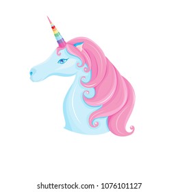 Blue unicorn with beautiful pink hair, vector illustration.
