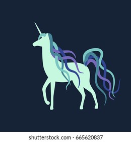 Blue unicorn with a beautiful tail and mane on a dark background. Isolated flat illustration