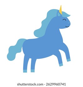 Blue Unicorn. Children Vector Flat Illustration.