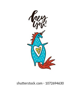 Blue unicorn illustration made in vector. Unique lettering with handdrawn elements. Cartoon style.