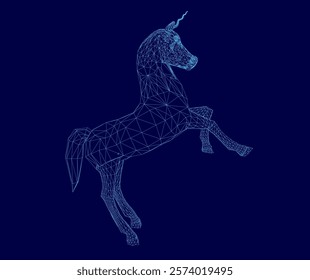 Blue unicorn is jumping in the air. The image is a digital rendering of a horse, with a blue background. The unicorn is the main focus of the image, and it is in motion