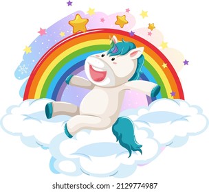 Blue unicorn jumping on a cloud with rainbow illustration