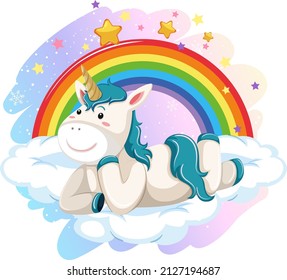 Blue unicorn lying on a cloud with rainbow illustration