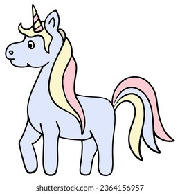 Blue unicorn. Magic horse with a horn on its head. Color vector illustration. Cartoon style. Cute pony with a lush pink-yellow mane and tail. Isolated background. Idea for web design.