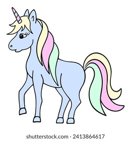 Blue unicorn. A magical horse with a lush colored mane and tail. Color vector illustration. Cartoon style. Pony girl with a horn on her forehead. Isolated background. Idea for web design.