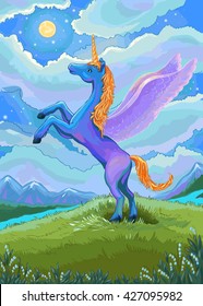 Blue unicorn in the night landscape with moon. Hand drawn illustration. Horse standing and looking to the moon. Suit for wallpaper, poster, coloring book, Kindergarten decoration or a child's room.