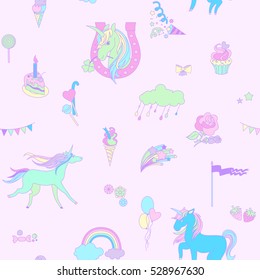Blue unicorn on pink background with clouds, rainbows and flowers.