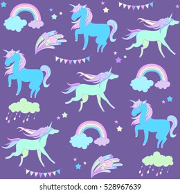 Blue unicorn on purple background with flags and fireworks.
