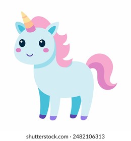 A blue unicorn with pink mane and tail on white background