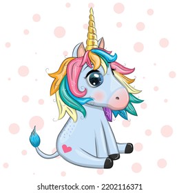 Blue unicorn pony sitting. Cute baby card, baby with big eyes.