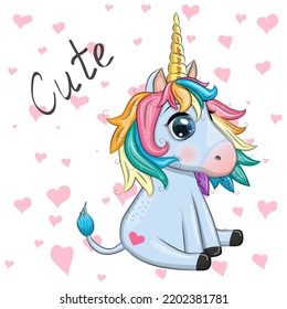 Blue unicorn pony sitting. Cute baby card, baby with big eyes.