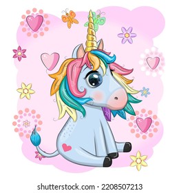 Blue unicorn pony sitting. Cute baby card, baby with big eyes.