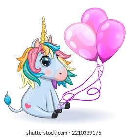Blue unicorn pony sitting. Cute baby card, baby with big eyes.