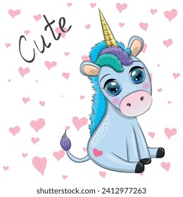 Blue unicorn pony sitting. Cute baby card, baby with big eyes.