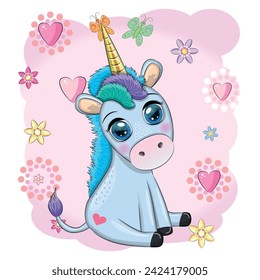 Blue unicorn pony sitting. Cute baby card, baby with big eyes.