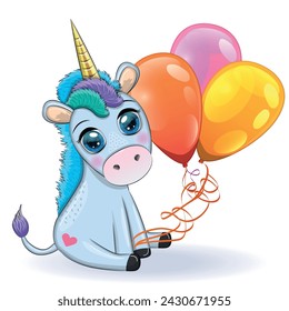 Blue unicorn pony sitting. Cute baby card, baby with big eyes.