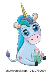 Blue unicorn pony sitting. Cute baby card, baby girl with big eyes.