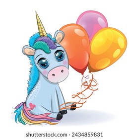 Blue unicorn pony sitting. Cute baby card, baby with big eyes.
