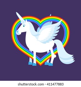 Blue unicorn rainbow heart. iridescent LGBT sign. Fantastic animal with wings. Fabulous beast and love
