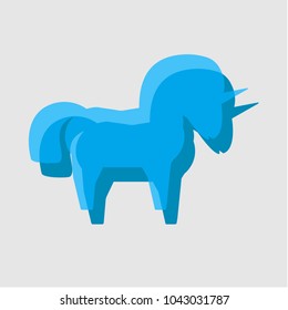 Blue unicorn with shadow vector logo design on light gray background